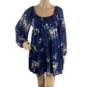 Altar’d State Floral Tiered Dress Sheer Sleeves Boho Navy Size S